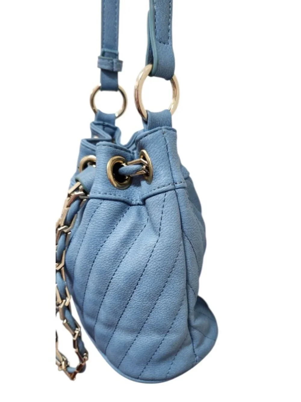 Free People Blue Faux Leather Mini Bucket Bag Gold Chain Drawstring Crossbody